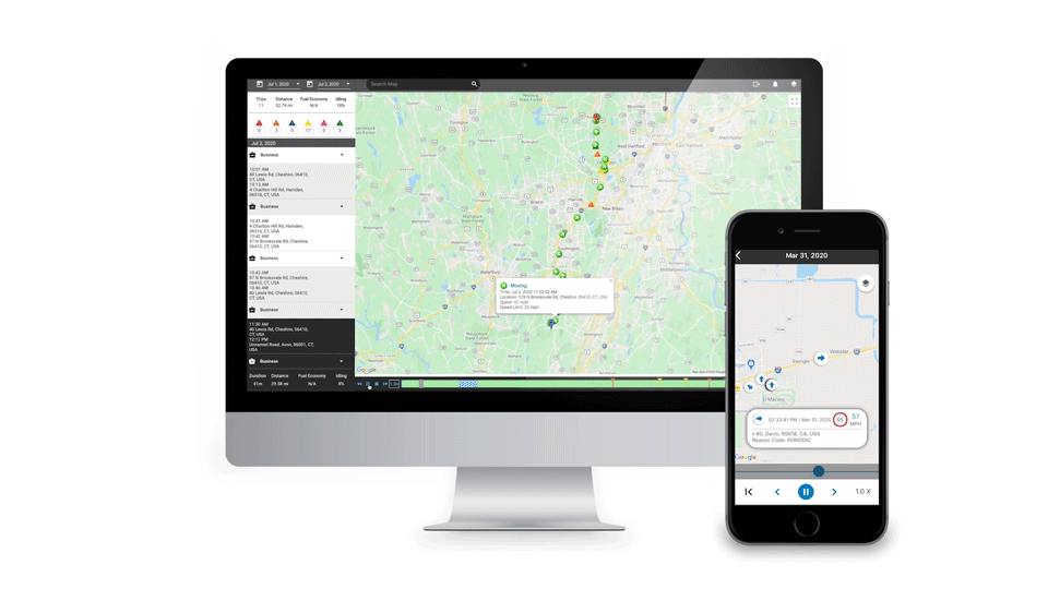 Fleet Tracking GIF Breadcrumb trail replay on mobile phone screen and computer GIF